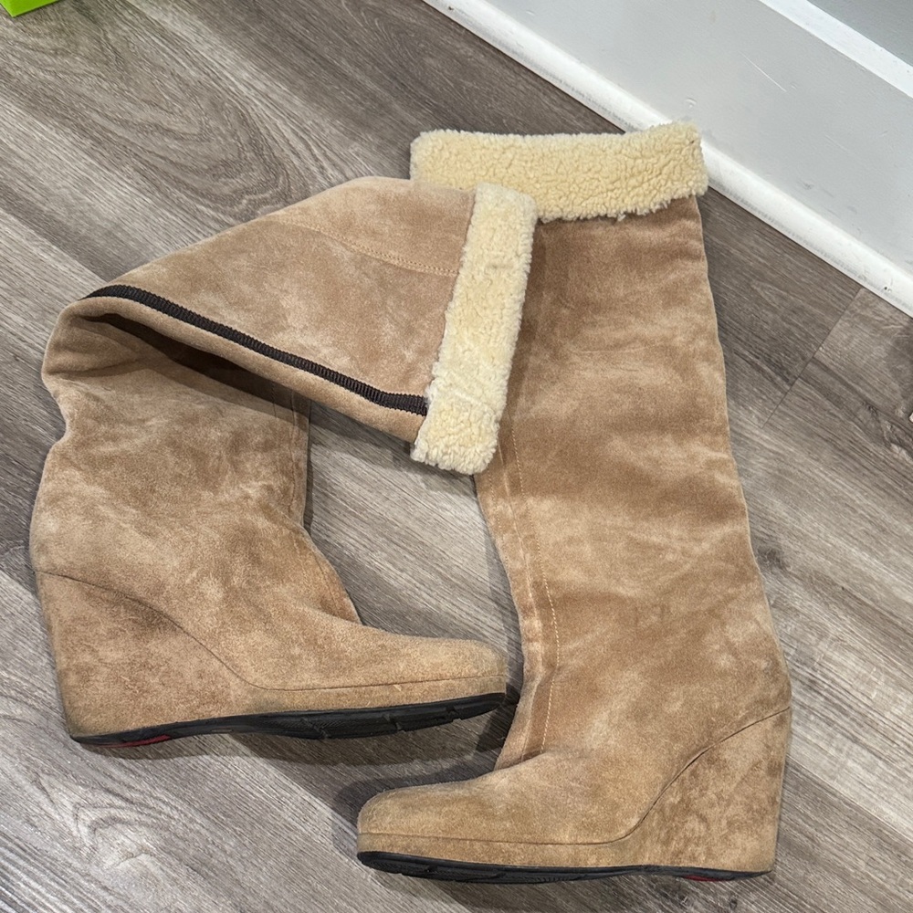 Prada Tan Suede Over the Knee Boots
